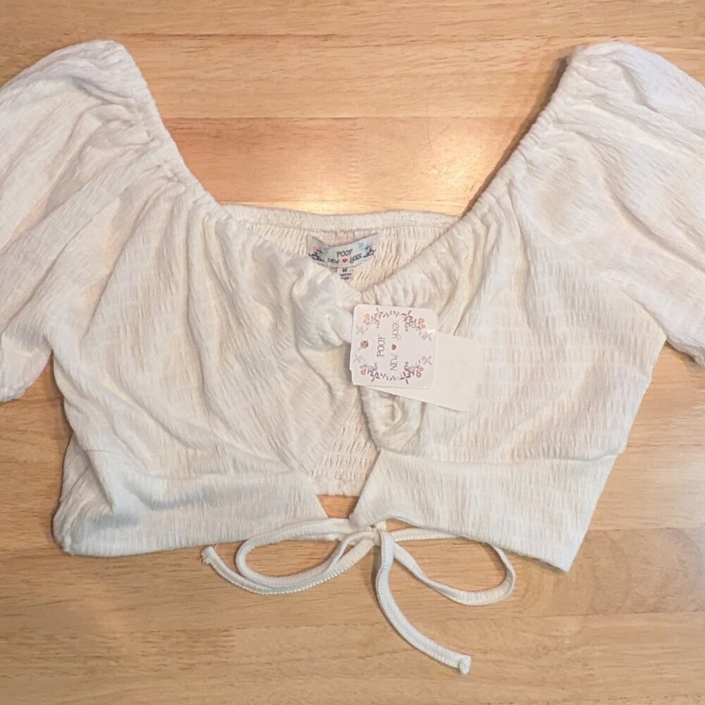 Juniors Poof! Solid Front Open Keyhole Tie Back Smocking Crop Top - Size Medium
